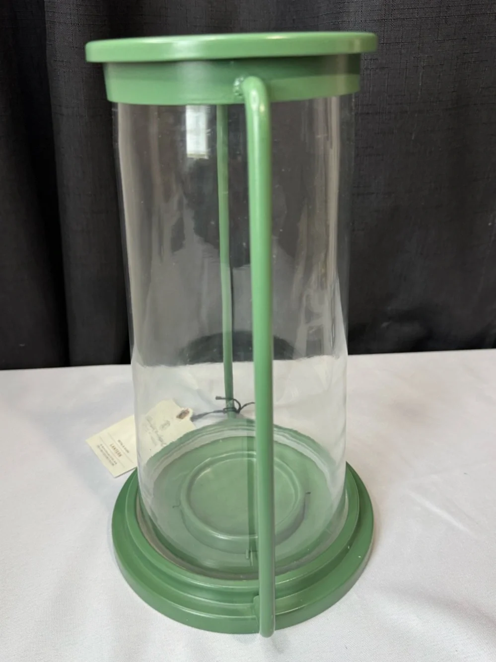 Hearth & Hand Pillar Glass & Green Metal Hurricane Candle Lantern -NWT